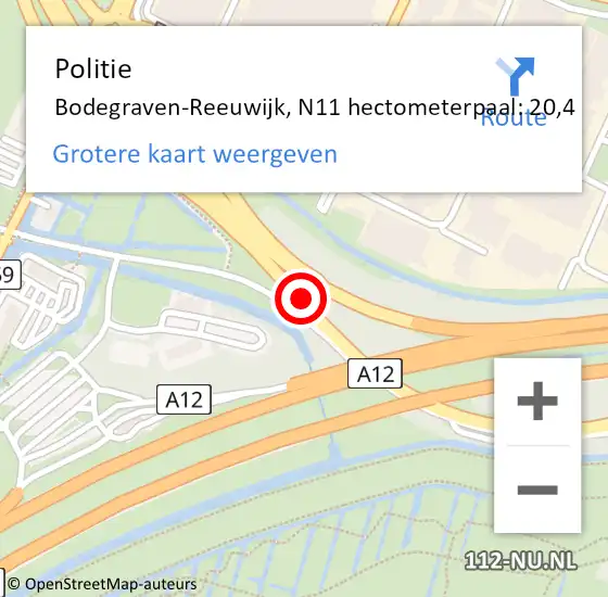 Locatie op kaart van de 112 melding: Politie Bodegraven-Reeuwijk, N11 hectometerpaal: 20,4 op 23 november 2023 15:51