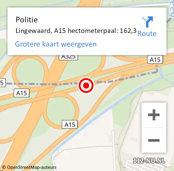 Locatie op kaart van de 112 melding: Politie Lingewaard, A15 hectometerpaal: 162,3 op 23 november 2023 16:37