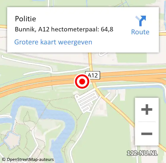 Locatie op kaart van de 112 melding: Politie Bunnik, A12 hectometerpaal: 64,8 op 23 november 2023 17:39
