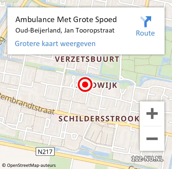 Locatie op kaart van de 112 melding: Ambulance Met Grote Spoed Naar Oud-Beijerland, Jan Tooropstraat op 23 november 2023 18:09