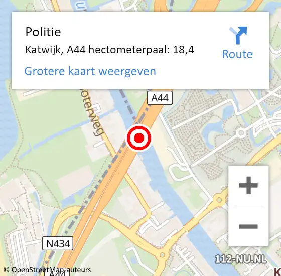 Locatie op kaart van de 112 melding: Politie Katwijk, A44 hectometerpaal: 18,4 op 23 november 2023 18:53