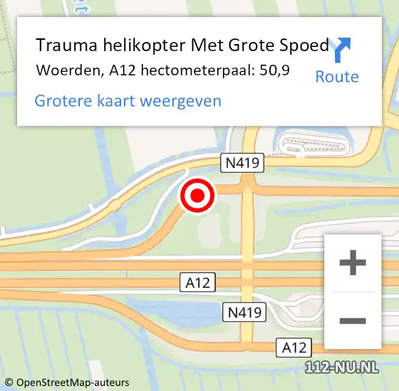 Locatie op kaart van de 112 melding: Trauma helikopter Met Grote Spoed Naar Woerden, A12 hectometerpaal: 50,9 op 23 november 2023 19:24