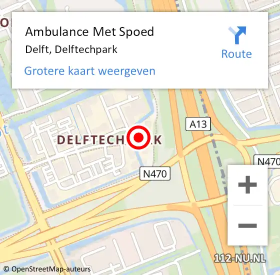 Locatie op kaart van de 112 melding: Ambulance Met Spoed Naar Delft, Delftechpark op 23 november 2023 19:34