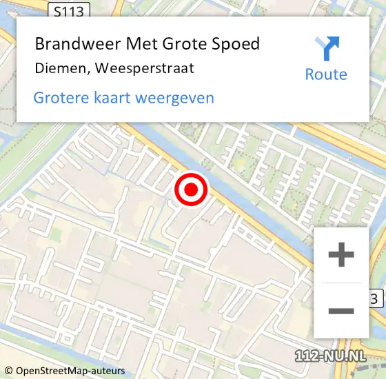 Locatie op kaart van de 112 melding: Brandweer Met Grote Spoed Naar Diemen, Weesperstraat op 23 november 2023 19:41