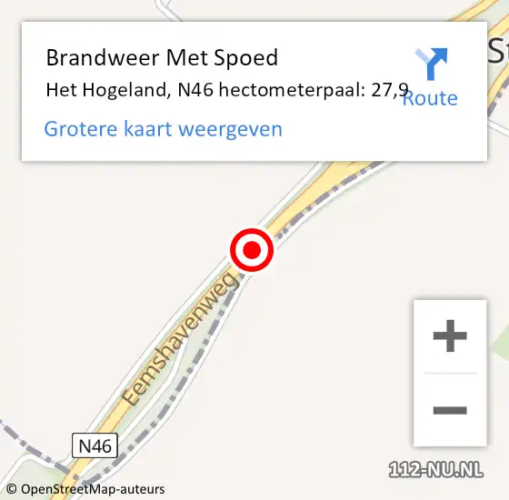 Locatie op kaart van de 112 melding: Brandweer Met Spoed Naar Het Hogeland, N46 hectometerpaal: 27,9 op 24 november 2023 03:51