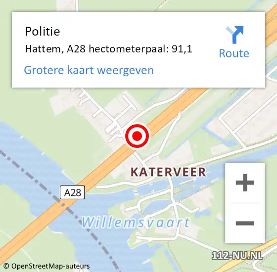 Locatie op kaart van de 112 melding: Politie Hattem, A28 hectometerpaal: 91,1 op 24 november 2023 09:18