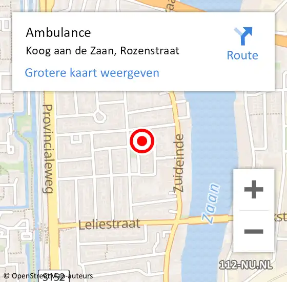 Locatie op kaart van de 112 melding: Ambulance Koog aan de Zaan, Rozenstraat op 24 november 2023 10:52