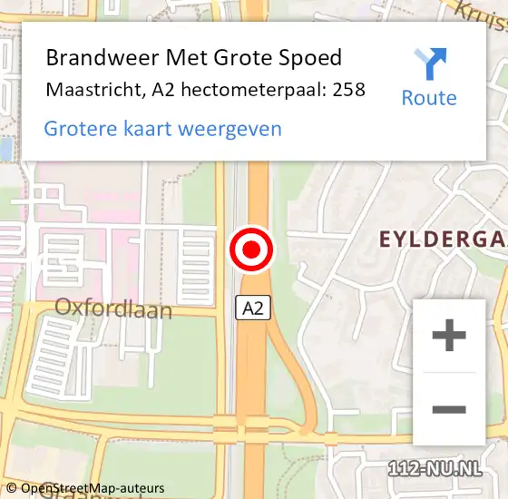 Locatie op kaart van de 112 melding: Brandweer Met Grote Spoed Naar Maastricht, A2 hectometerpaal: 258 op 24 november 2023 11:22