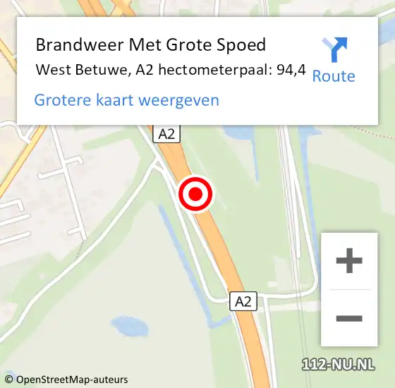 Locatie op kaart van de 112 melding: Brandweer Met Grote Spoed Naar West Betuwe, A2 hectometerpaal: 94,4 op 24 november 2023 12:21