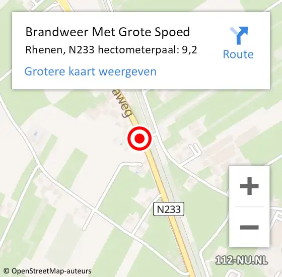 Locatie op kaart van de 112 melding: Brandweer Met Grote Spoed Naar Rhenen, N233 hectometerpaal: 9,2 op 24 november 2023 12:43