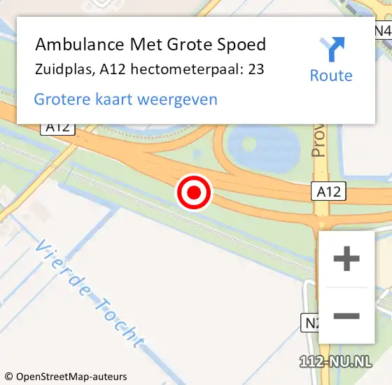 Locatie op kaart van de 112 melding: Ambulance Met Grote Spoed Naar Zuidplas, A12 hectometerpaal: 23 op 24 november 2023 12:45