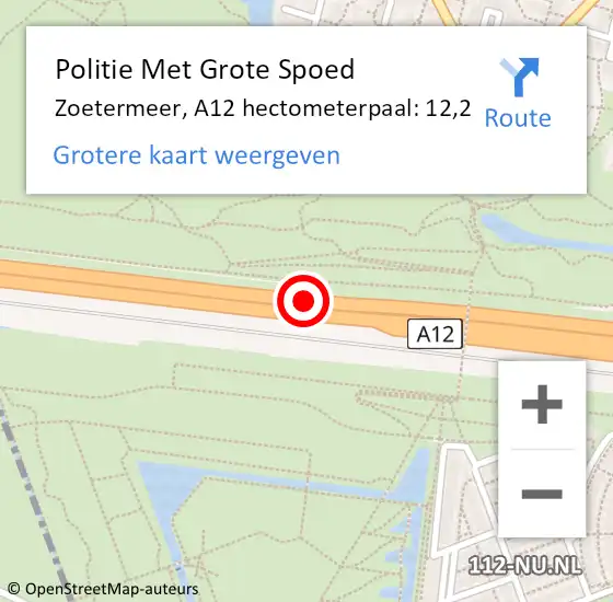 Locatie op kaart van de 112 melding: Politie Met Grote Spoed Naar Zoetermeer, A12 hectometerpaal: 12,2 op 24 november 2023 16:18