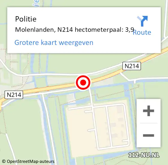 Locatie op kaart van de 112 melding: Politie Molenlanden, N214 hectometerpaal: 3,9 op 24 november 2023 16:59