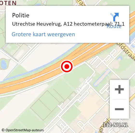 Locatie op kaart van de 112 melding: Politie Utrechtse Heuvelrug, A12 hectometerpaal: 71,1 op 24 november 2023 18:23