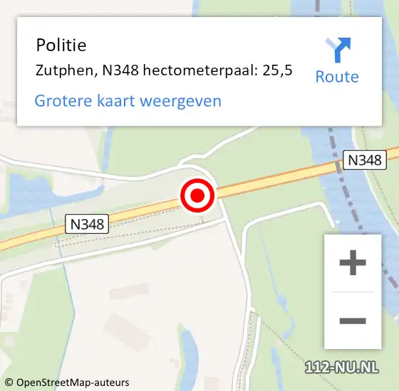 Locatie op kaart van de 112 melding: Politie Zutphen, N348 hectometerpaal: 25,5 op 24 november 2023 19:44