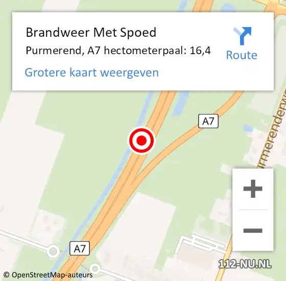 Locatie op kaart van de 112 melding: Brandweer Met Spoed Naar Purmerend, A7 hectometerpaal: 16,4 op 24 november 2023 19:44