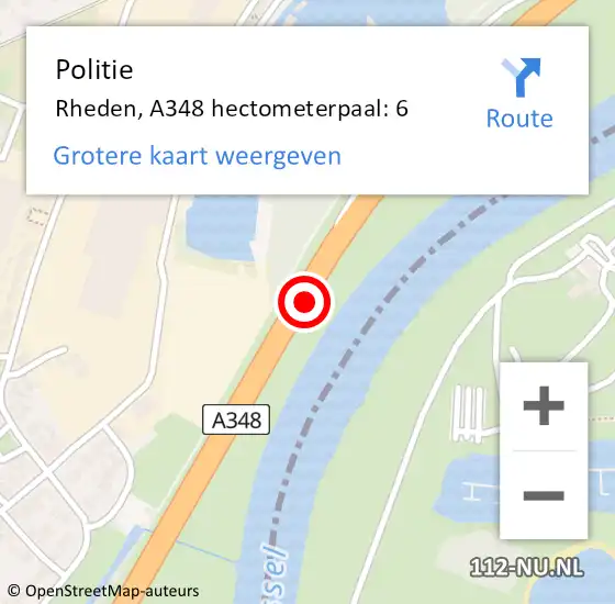 Locatie op kaart van de 112 melding: Politie Rheden, A348 hectometerpaal: 6 op 24 november 2023 20:07