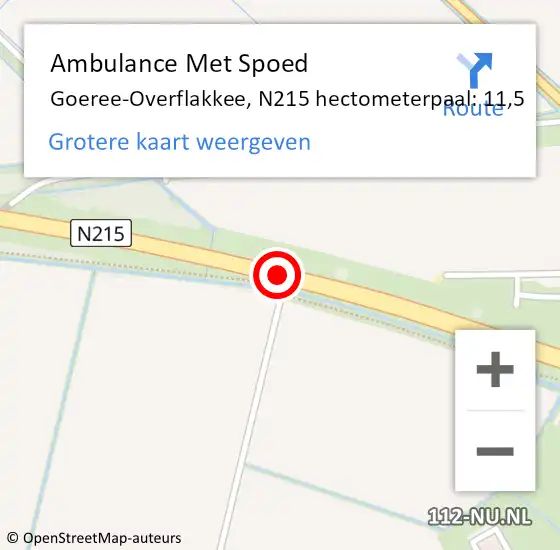 Locatie op kaart van de 112 melding: Ambulance Met Spoed Naar Goeree-Overflakkee, N215 hectometerpaal: 11,5 op 24 november 2023 20:29