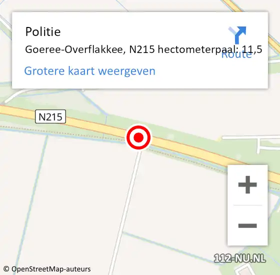 Locatie op kaart van de 112 melding: Politie Goeree-Overflakkee, N215 hectometerpaal: 11,5 op 24 november 2023 20:30