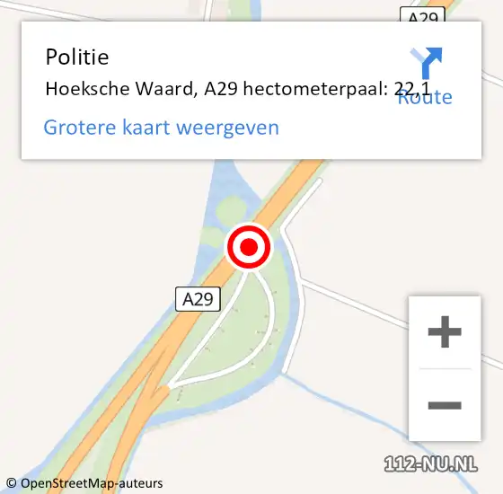 Locatie op kaart van de 112 melding: Politie Hoeksche Waard, A29 hectometerpaal: 22,1 op 24 november 2023 20:57