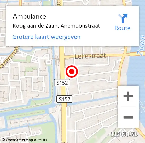 Locatie op kaart van de 112 melding: Ambulance Koog aan de Zaan, Anemoonstraat op 24 november 2023 20:58