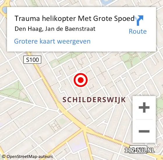 Locatie op kaart van de 112 melding: Trauma helikopter Met Grote Spoed Naar Den Haag, Jan de Baenstraat op 24 november 2023 21:22