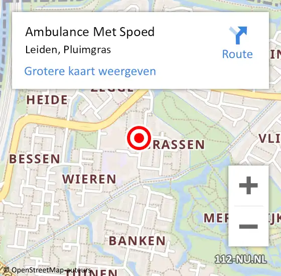 Locatie op kaart van de 112 melding: Ambulance Met Spoed Naar Leiden, Pluimgras op 24 november 2023 22:26