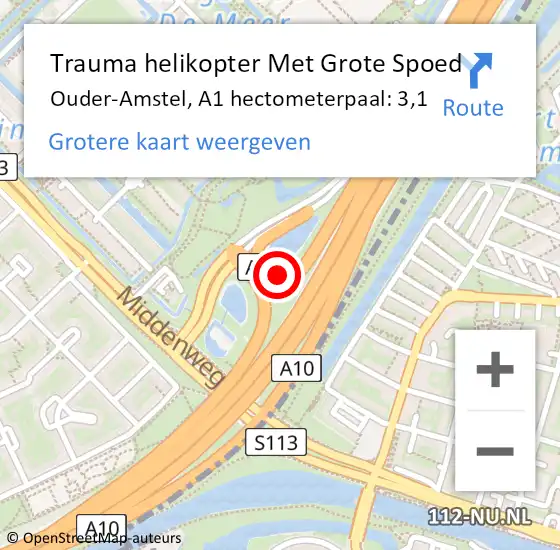 Locatie op kaart van de 112 melding: Trauma helikopter Met Grote Spoed Naar Ouder-Amstel, A1 hectometerpaal: 3,1 op 24 november 2023 23:03