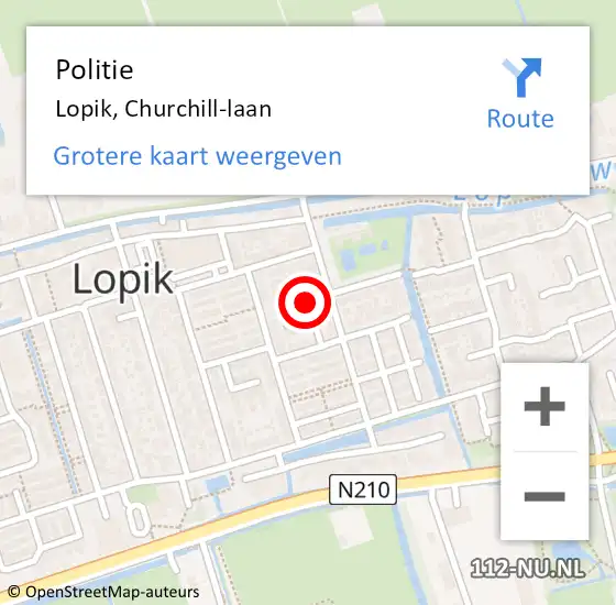 Locatie op kaart van de 112 melding: Politie Lopik, Churchill-laan op 24 november 2023 23:07