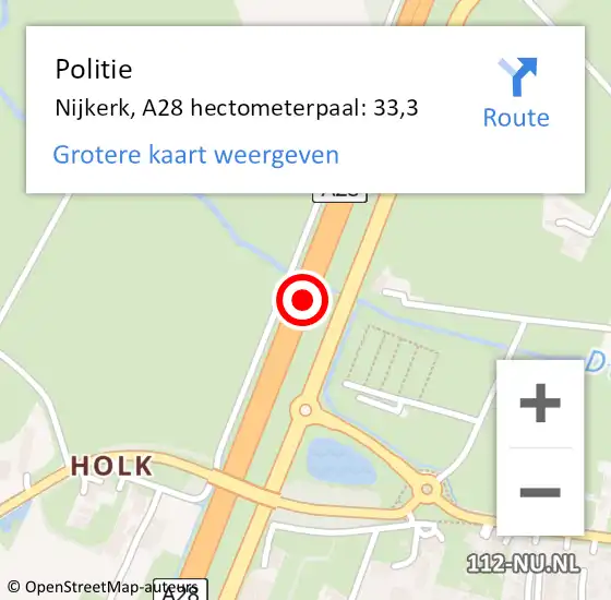 Locatie op kaart van de 112 melding: Politie Nijkerk, A28 hectometerpaal: 33,3 op 25 november 2023 00:09