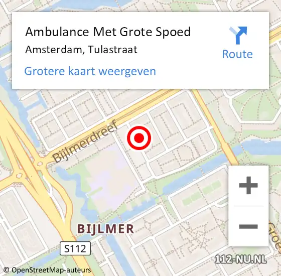 Locatie op kaart van de 112 melding: Ambulance Met Grote Spoed Naar Amsterdam, Tulastraat op 26 november 2023 14:28