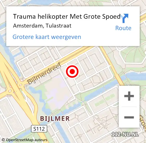 Locatie op kaart van de 112 melding: Trauma helikopter Met Grote Spoed Naar Amsterdam, Tulastraat op 26 november 2023 14:39