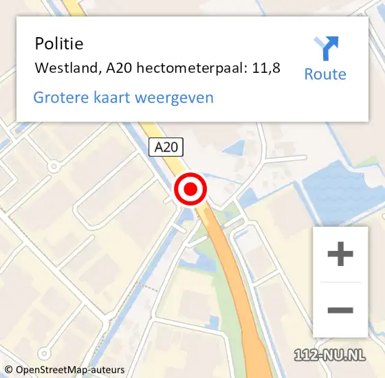 Locatie op kaart van de 112 melding: Politie Westland, A20 hectometerpaal: 11,8 op 26 november 2023 14:57