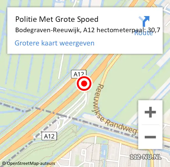 Locatie op kaart van de 112 melding: Politie Met Grote Spoed Naar Bodegraven-Reeuwijk, A12 hectometerpaal: 30,7 op 26 november 2023 15:06