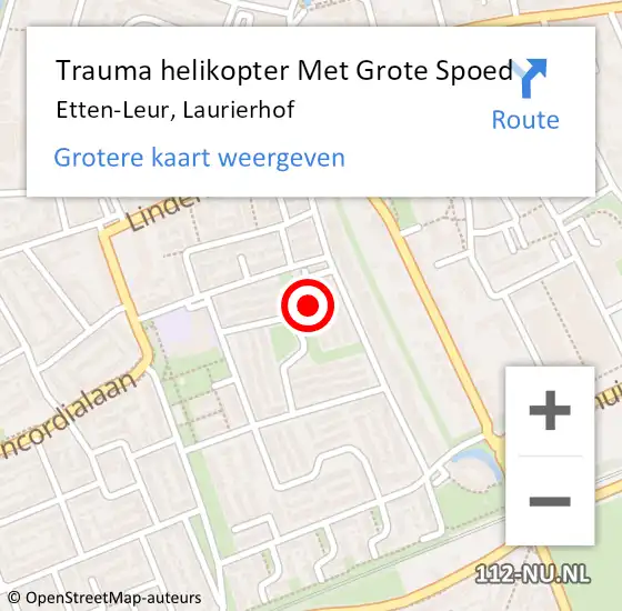 Locatie op kaart van de 112 melding: Trauma helikopter Met Grote Spoed Naar Etten-Leur, Laurierhof op 26 november 2023 16:33