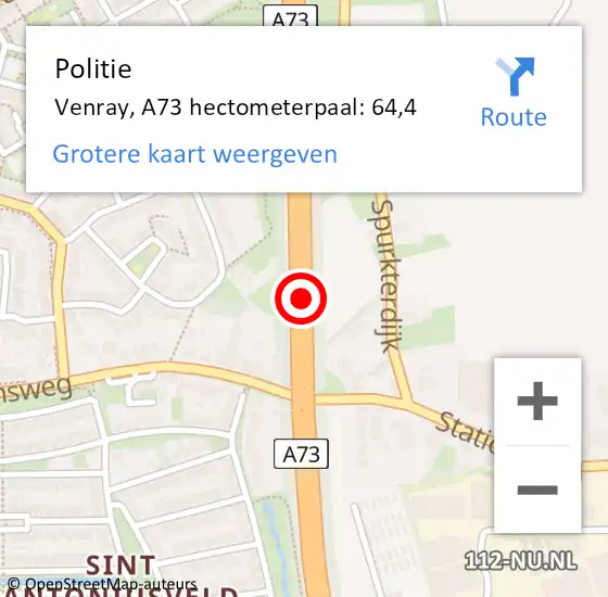 Locatie op kaart van de 112 melding: Politie Venray, A73 hectometerpaal: 64,4 op 26 november 2023 17:32