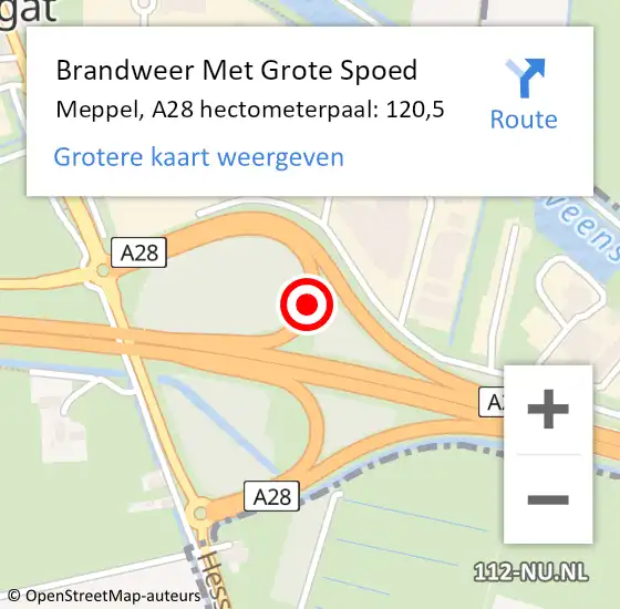 Locatie op kaart van de 112 melding: Brandweer Met Grote Spoed Naar Meppel, A28 hectometerpaal: 120,5 op 26 november 2023 19:51