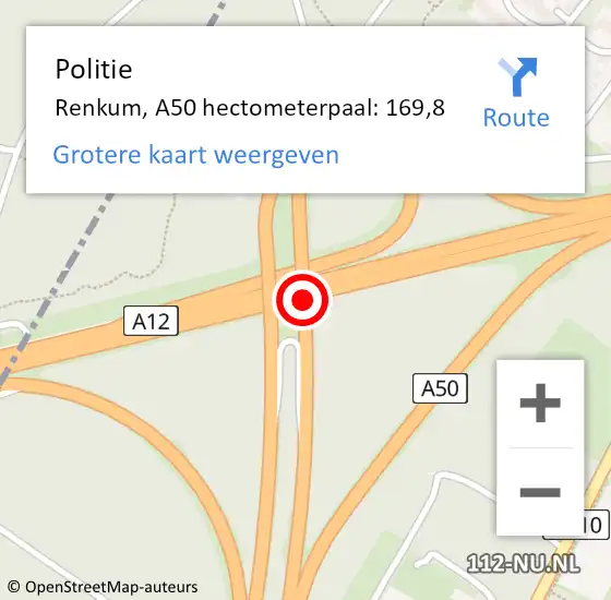 Locatie op kaart van de 112 melding: Politie Renkum, A50 hectometerpaal: 169,8 op 26 november 2023 21:18