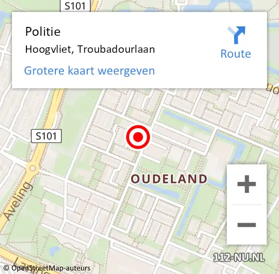 Locatie op kaart van de 112 melding: Politie Hoogvliet, Troubadourlaan op 26 november 2023 22:20