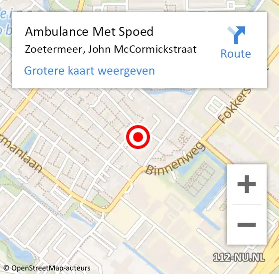 Locatie op kaart van de 112 melding: Ambulance Met Spoed Naar Zoetermeer, John McCormickstraat op 26 november 2023 22:31