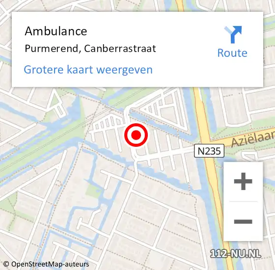 Locatie op kaart van de 112 melding: Ambulance Purmerend, Canberrastraat op 26 november 2023 23:18