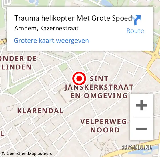 Locatie op kaart van de 112 melding: Trauma helikopter Met Grote Spoed Naar Arnhem, Kazernestraat op 27 november 2023 01:52