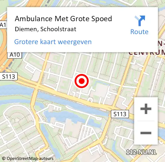 Locatie op kaart van de 112 melding: Ambulance Met Grote Spoed Naar Diemen, Schoolstraat op 27 november 2023 03:37