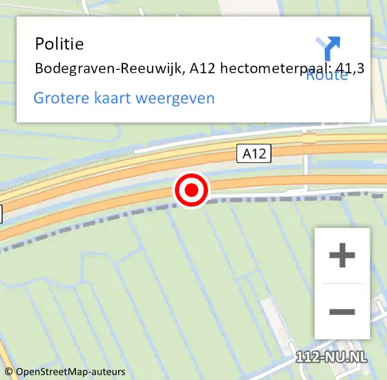 Locatie op kaart van de 112 melding: Politie Bodegraven-Reeuwijk, A12 hectometerpaal: 41,3 op 27 november 2023 07:22