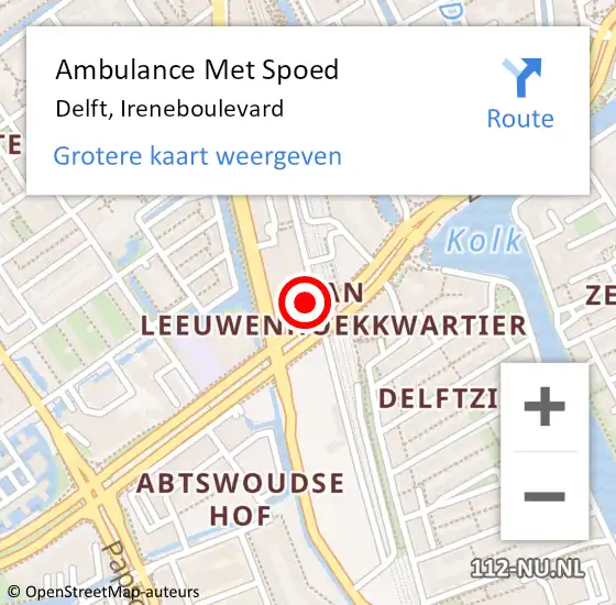 Locatie op kaart van de 112 melding: Ambulance Met Spoed Naar Delft, Ireneboulevard op 27 november 2023 07:47