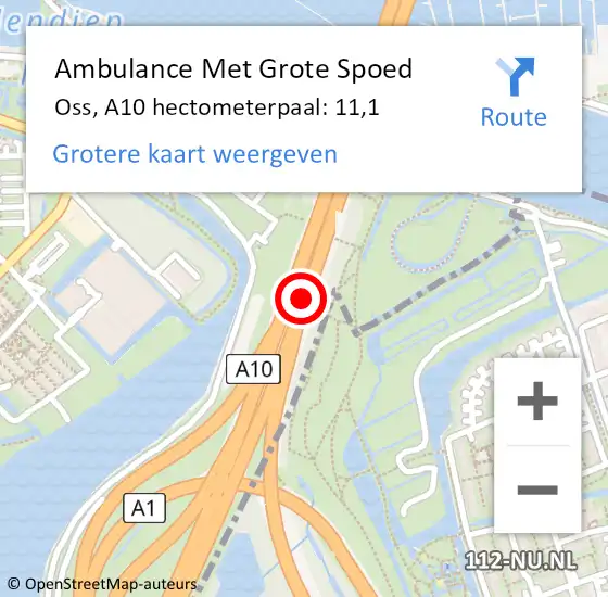 Locatie op kaart van de 112 melding: Ambulance Met Grote Spoed Naar Oss, A10 hectometerpaal: 11,1 op 27 november 2023 08:19