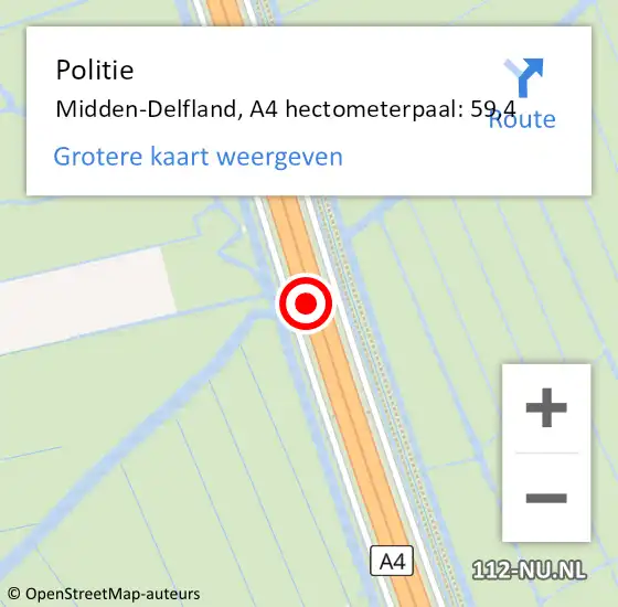 Locatie op kaart van de 112 melding: Politie Midden-Delfland, A4 hectometerpaal: 59,4 op 27 november 2023 08:32