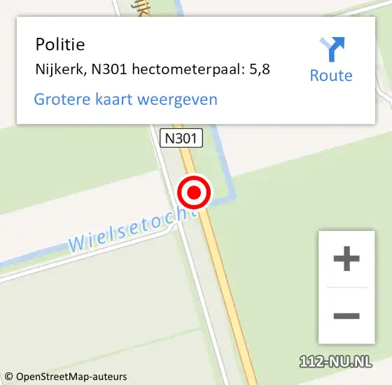 Locatie op kaart van de 112 melding: Politie Nijkerk, N301 hectometerpaal: 5,8 op 27 november 2023 08:46
