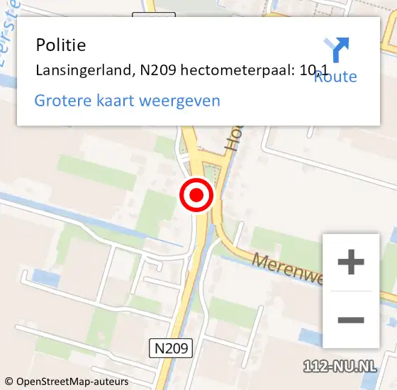 Locatie op kaart van de 112 melding: Politie Lansingerland, N209 hectometerpaal: 10,1 op 27 november 2023 09:27
