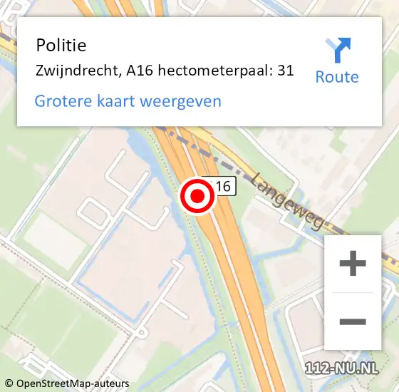Locatie op kaart van de 112 melding: Politie Zwijndrecht, A16 hectometerpaal: 31 op 27 november 2023 11:13